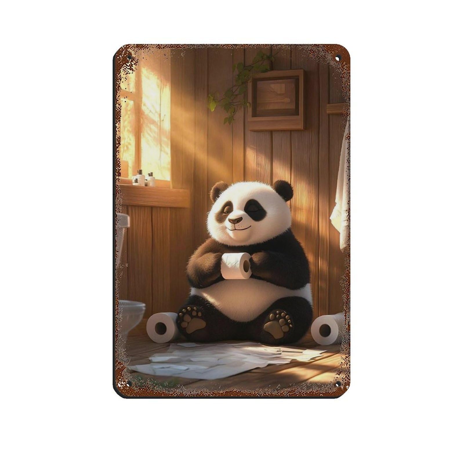 Playful Panda with Toilet Paper Retro Poster Metal Tin Sign Chic Art Retro Iron Painting Bar People Cave Cafe Family Garage Poster Wall Decoration 8x12inch(20x30cm)