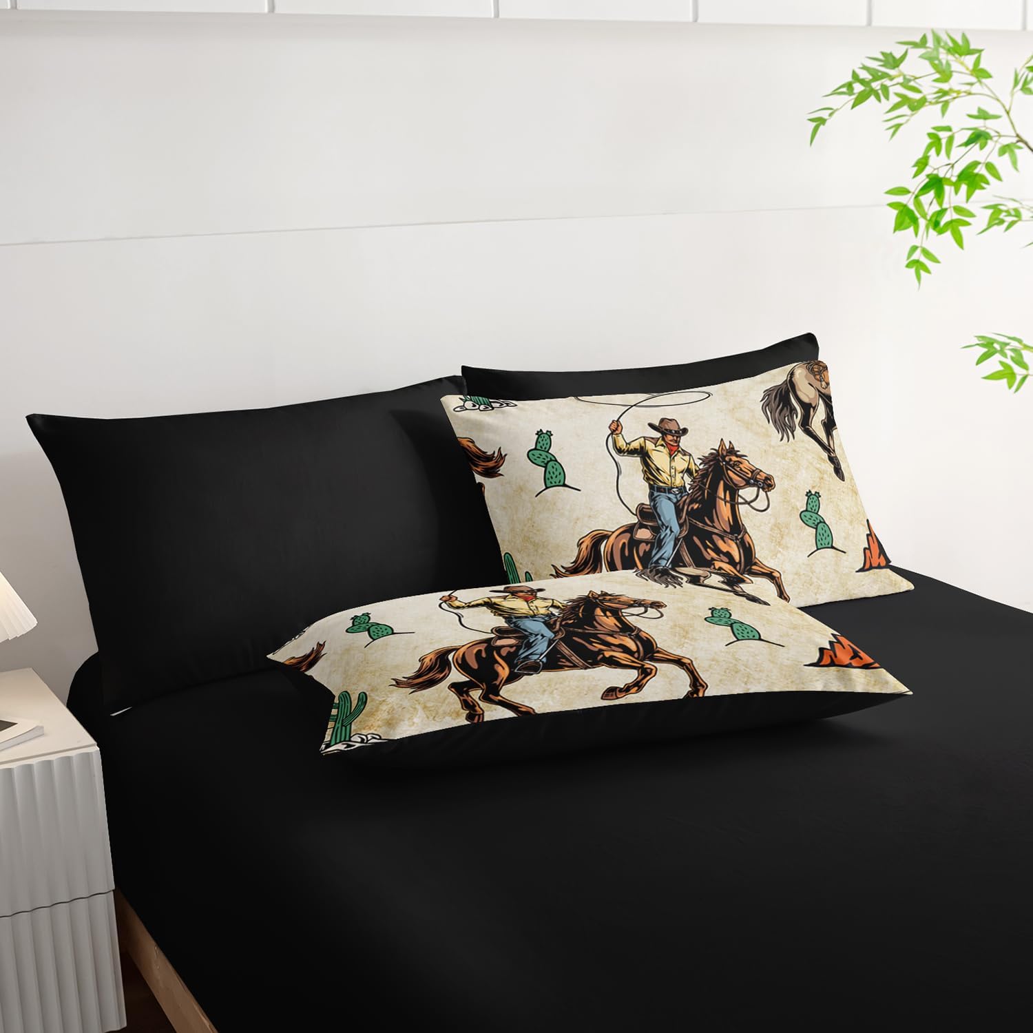 AILONEN Western Cowboy Comforter Set Twin Size,7-Piece Rodeo Cowboy Riding Bull with Cacti Western Style Bed in a Bag,Ranch Jomon Comforter & Fitted Sheet & Flat Sheet & 2 Pillowcases,Soft Microfiber