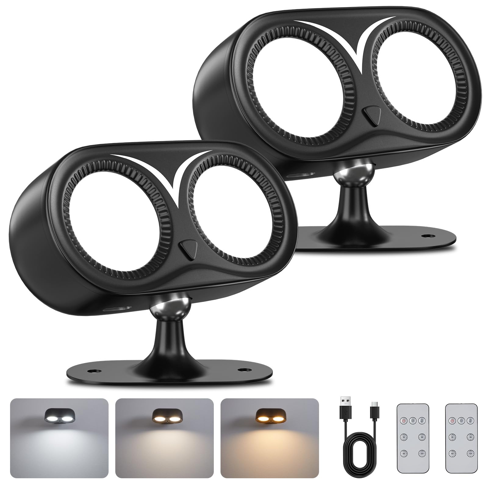 IMAGE Wandleuchte Innen, 2 Stück USB Wiederaufladbare Dual Cylinder superhelle kabellose LED-Wandlampe, 3 Farbtemperaturen & 3 Helligkeitsstufen, 360° drehbares, Lampe für Wohnzimmer Lernzimmer Flur