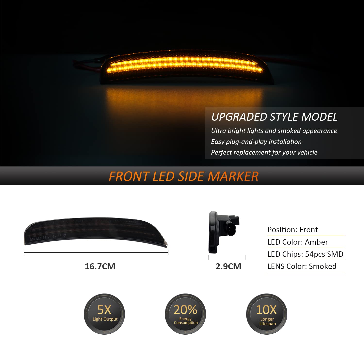 Bestview LED Side Marker Lights Compatible with Dodge Charger 2015-2023, Front Rear Bumper Marker Lamps Red & Amber Smoked Lens,4PCS