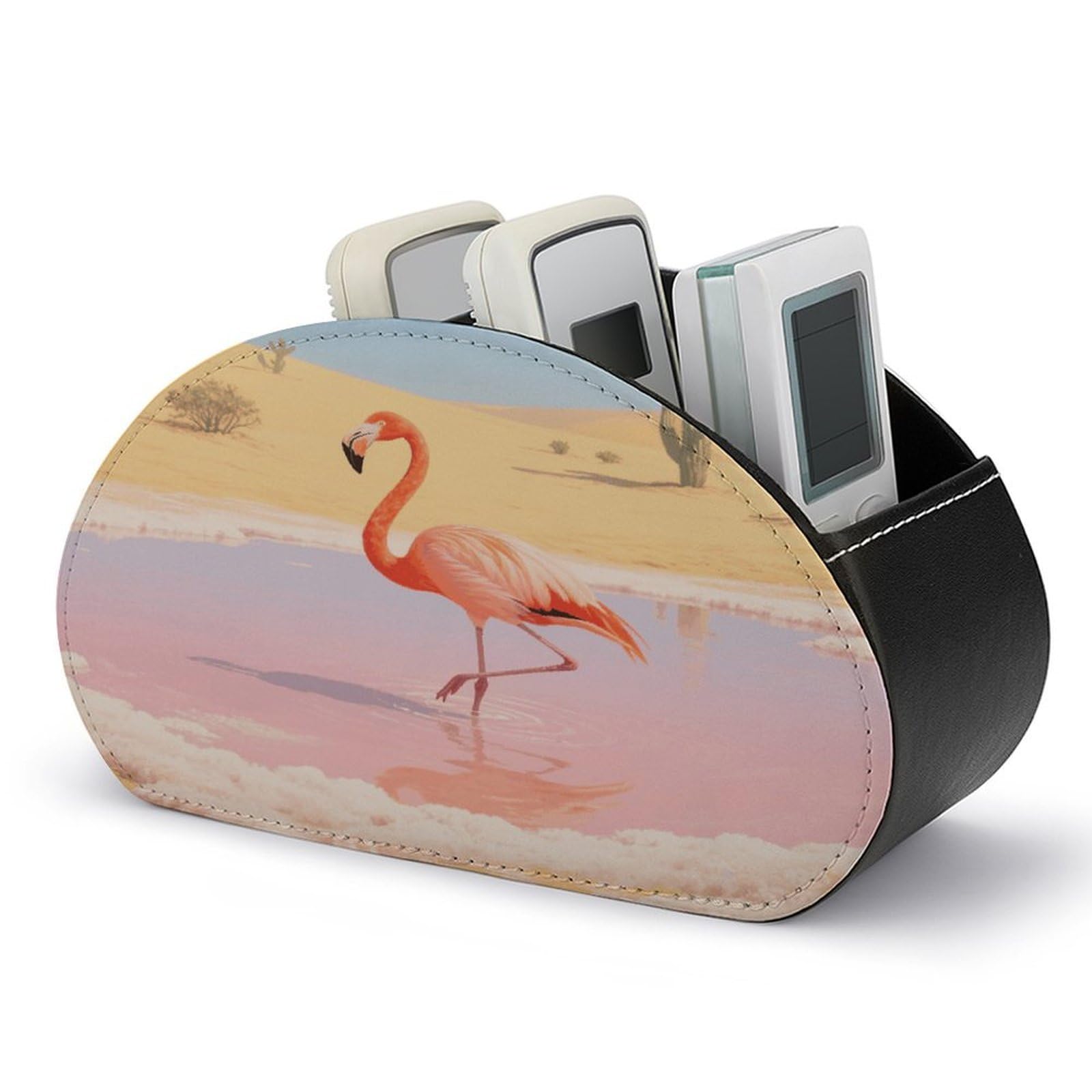 VstaDank - Orange Flamingo Remote Control Holder in Salt Lake PU Leather Multifunctional Office Organizer Makeup Brush Holder Desk with 5 Compartments