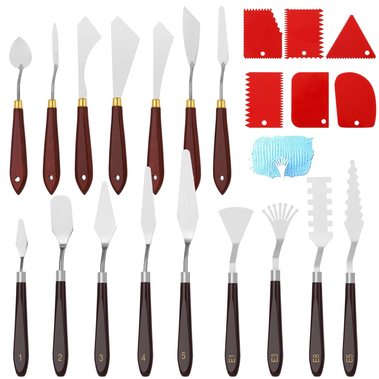 Juego de espátulas de paleta, 22 piezas, incluyendo acero inoxidable y plástico, mango de madera, se adapta a pintura al óleo y mezcla de colores acrílicos, textura