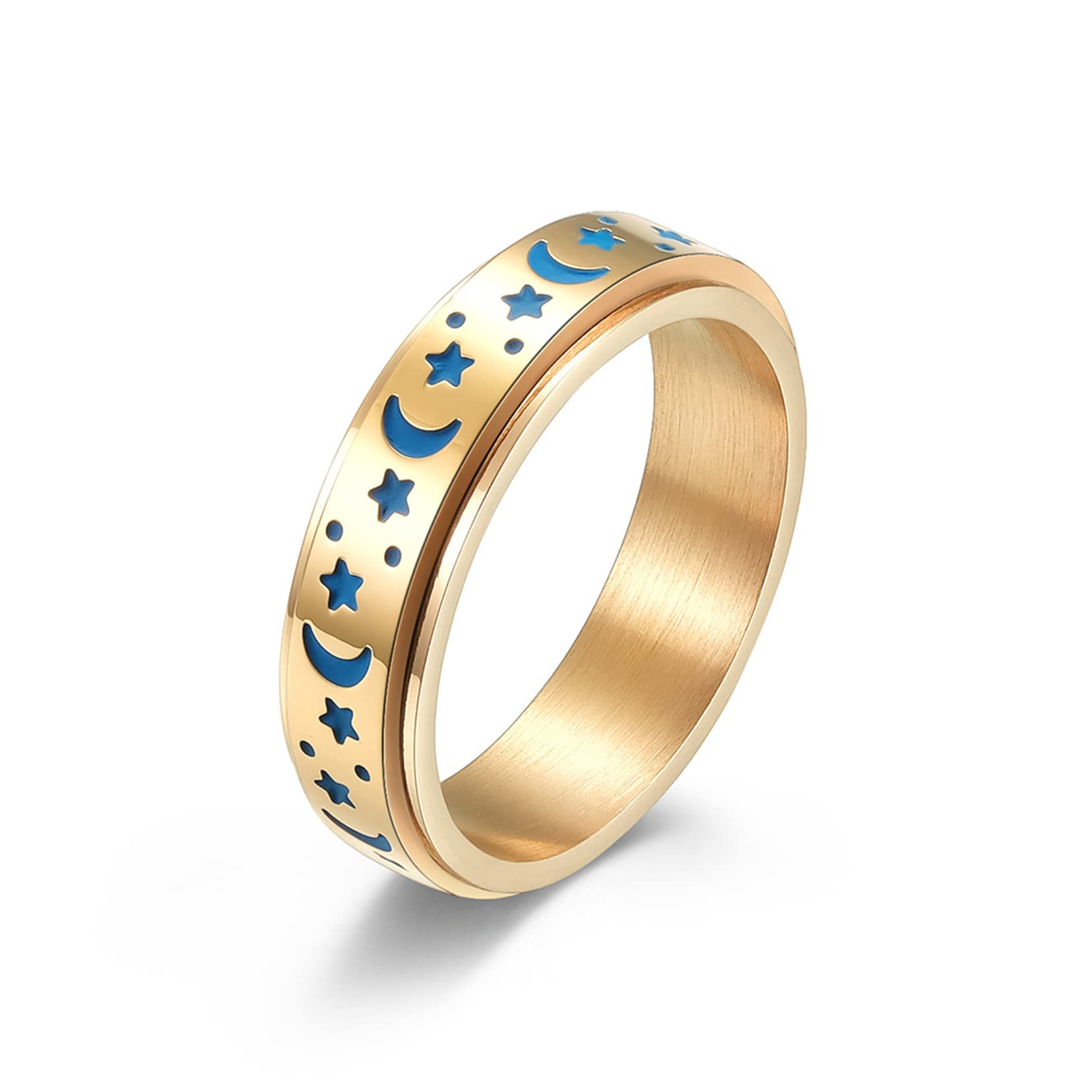 Yifnny Spinner Rings, Stainless Steel Spinner Ring Moon and Star Fidget Ring Stress Relieving Ring Engagement Promise Luminous Ring (Luminous Glow-Gold, 8)