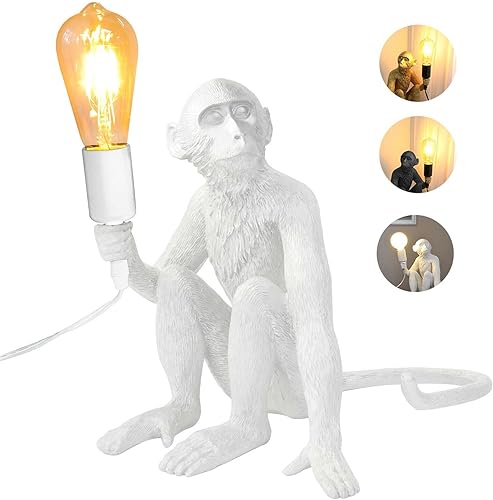 Miniatura 1 de JNTKE Lámpara de mesa de mono de resina, LED moderna para escritorio, luz de animal vintage, accesorio de iluminación de mono sentado, lámpara