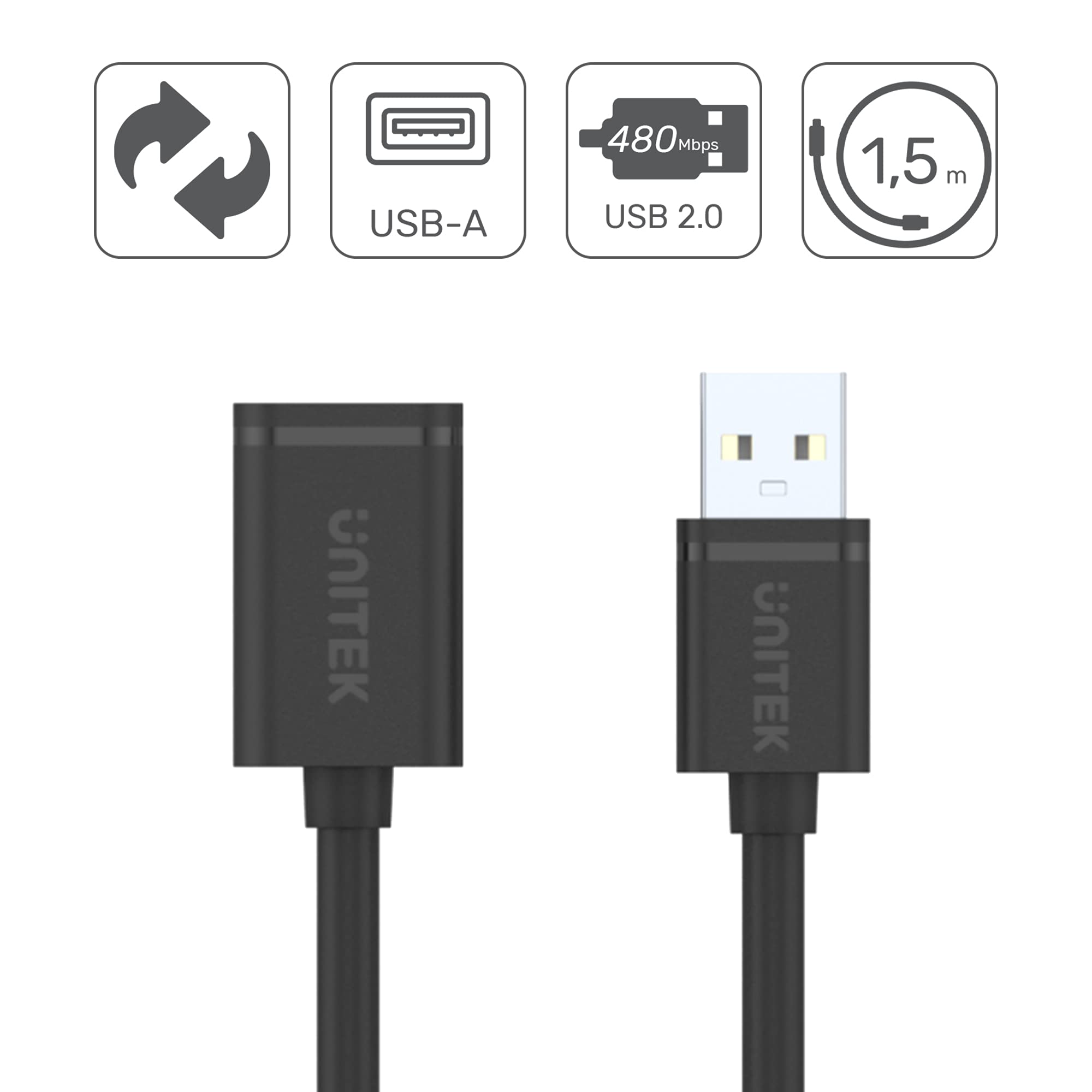 UNITEK Kablo USB 2.0 A fiş USB A soketi/uzatma kablosu / 1,5 metre, siyah/yazıcı, klavye, kart okuyucu vs. için uzatma/Y-C449GBK