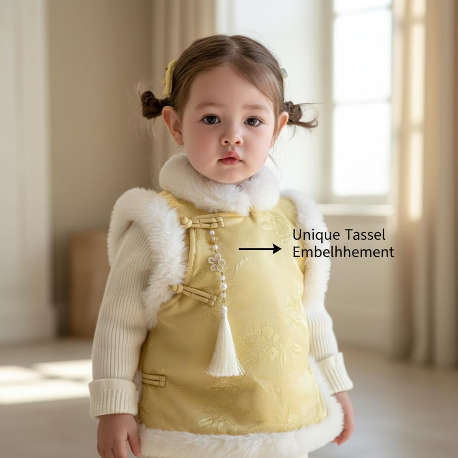 Toddler Girls Chinese Style Vest, Embroidered Satin Tang Suit Warm Outerwear, Festive Holiday New Year Outfit for Winter