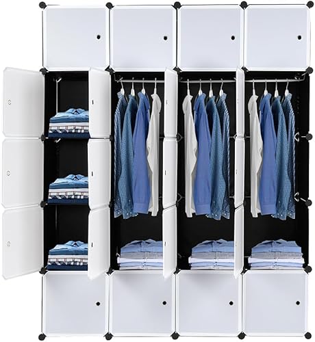 Miniatura 5 de Armario de almacenamiento de 20 cubos, organizador de ropa portátil con barra para colgar, diseño apilable, resistente y elegante, fácil de montar,