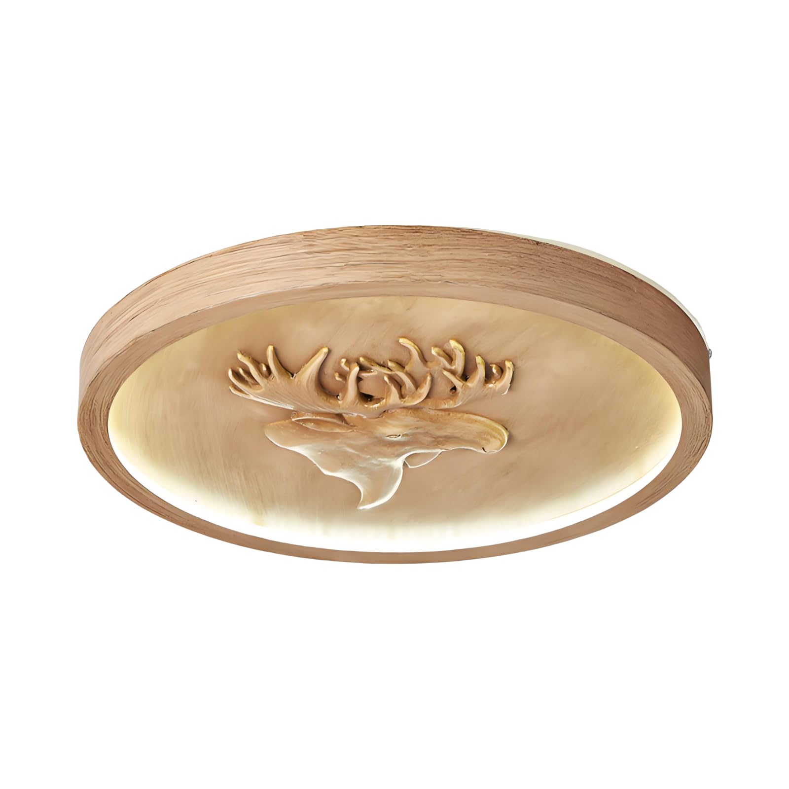 YNVIOZM Wood-Grain LED Close to Ceiling Light, Resin Carved Deer Head Round Flush Mount Ceiling Lamp 1.5 Inches Ultra-Thin LED Lighting Fixtures for Bedroom, Entryway, Laundry Room, Hallway