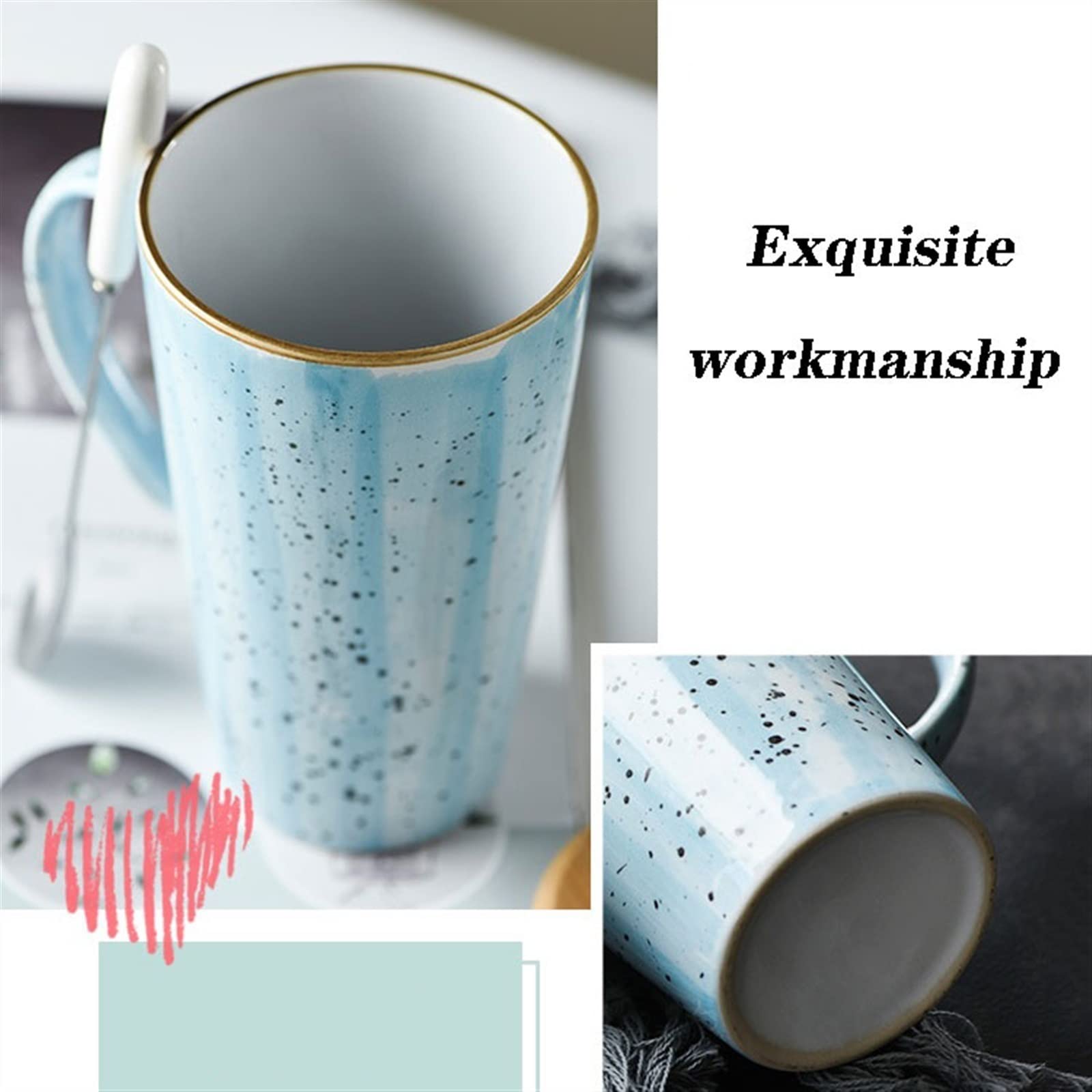 HIHELO Latte Coffeemug kreatywna osobowość ceramiczny kubek 520 ml duża pojemność kubek do kawy z pokrywką i łyżką do biura, szkoły i domu kubek do picia zestaw kubków do kawy (kolor: szary)