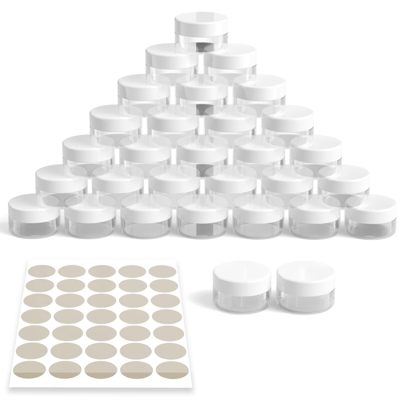 Newaner 30 Pezzi Barattolo Cosmetici, 10g10ml Mini Vasetto Trasparente con Tappo a vite Vasetti Plastica, lattina vuota con adesivi, Ideale per trasportare trucco, creme, mini candele(Bianco)