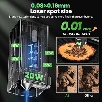 DAJA A8 20W Diode Desktop Laser Engraver Machine with Air Assist Smart 16MP Cameras, 600mm/s Speed Beginner-friendly Class 1 Safety Laser Engraver for Wood and Metal, Acrylic,