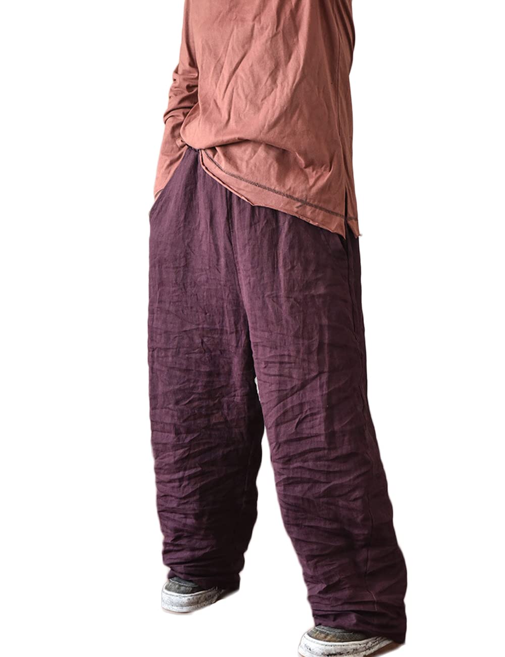 NFYM Womens Tapered Pants 100 Linen Wide Leg Elastic Waist Casual Loose Ankle Length Trousers