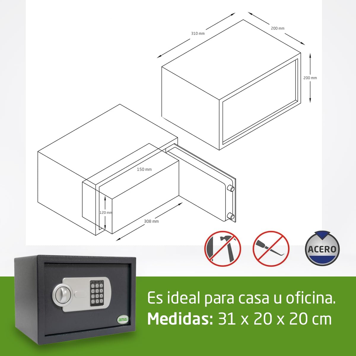Amig - Caja Fuerte con Código - Caja de Seguridad de Sobreponer - Acero - Camuflada - Ideal para Casa - Protección de Dinero y Joyas de valor - 31 x 20 x 20 cm