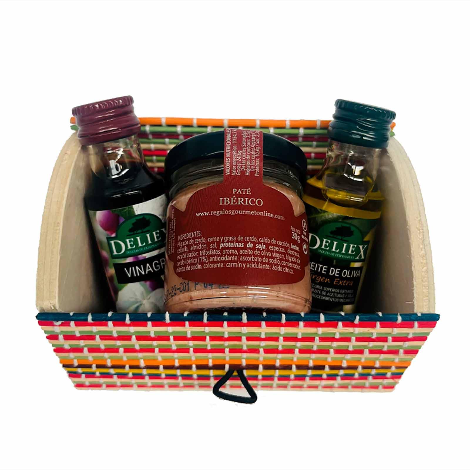Baúl de madera y mimbre multicolor con miniaturas de Aceite, Vinagre y tarro de paté ibérico para eventos (Pack 24 ud).Ideal para regalar a los invitados de tu boda, comunión o bautizo.