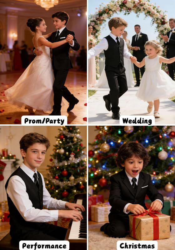 Image of Visaccy Boys Formal Suit Slim Fit Tuxedo Suits for Kids Ring Bearer Outfit | Toddler Boy Suits Set,Adjustable Waist,Dress Clothes