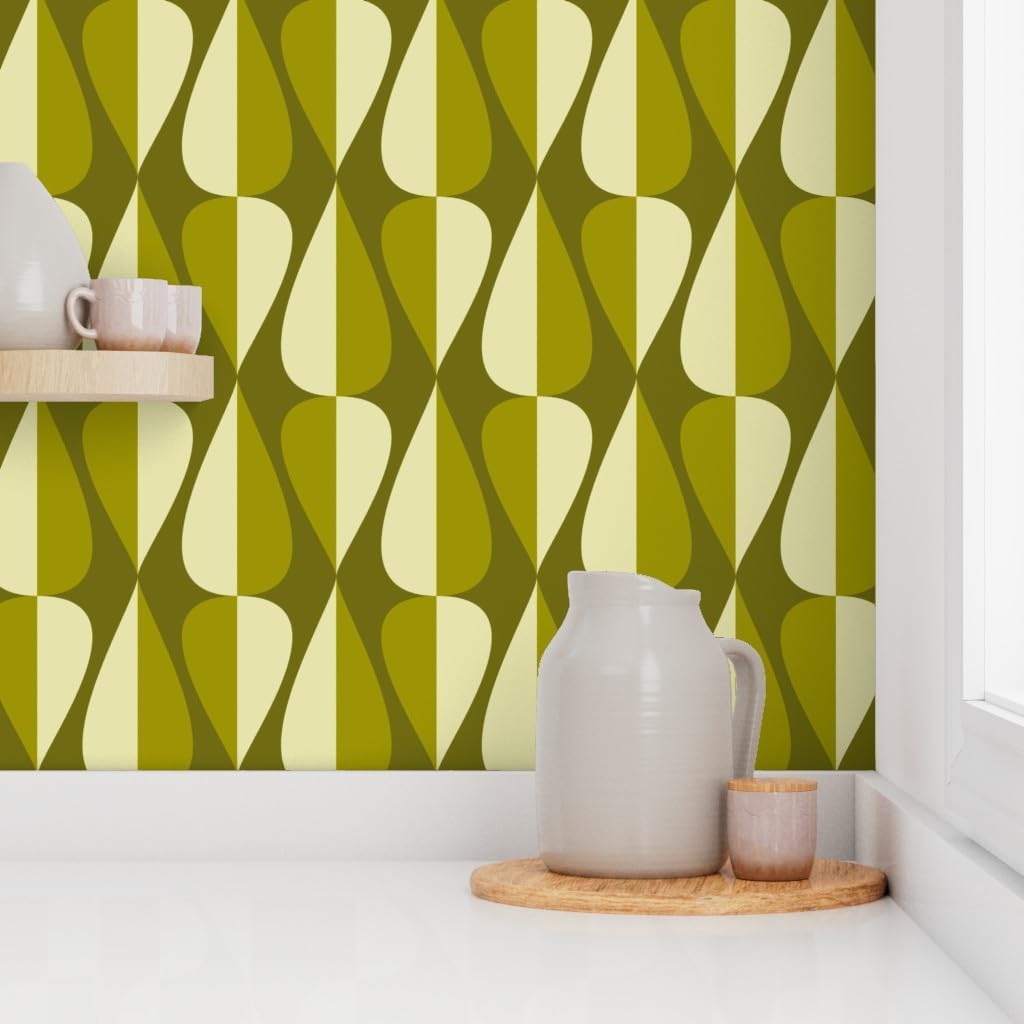 Peel & Stick Wallpaper 3ft x 2ft - Green Retro Spades Mid Century Modern Vintage Cool 70S 60S Avocado Hourglass Teardrop Oval Custom Removable Wallpaper by Spoonflower