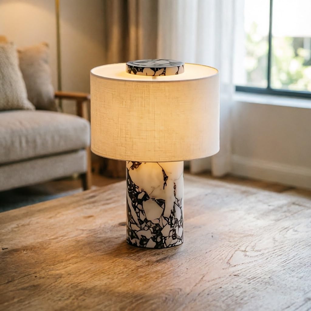 Lámpara de mesa de mármol, lámpara de escritorio de piedra natural y tela, decoración sencilla de lujo for habitación, lámpara de mesita de noche for dormitorio, sala de estar(Marble,Plug-in)