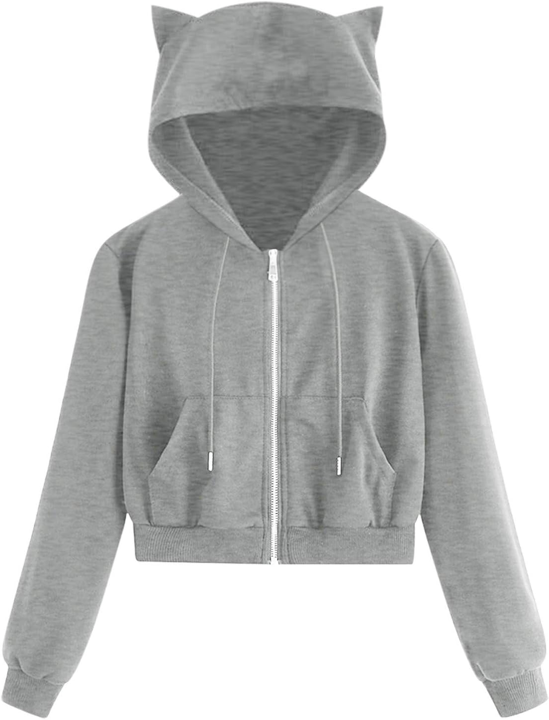 Cute Cat Ear Hoodies for Women Teen Girls Y2K Crop Tops Zip Up Long Sleeve Drawstring Hooded Jackets Pockets