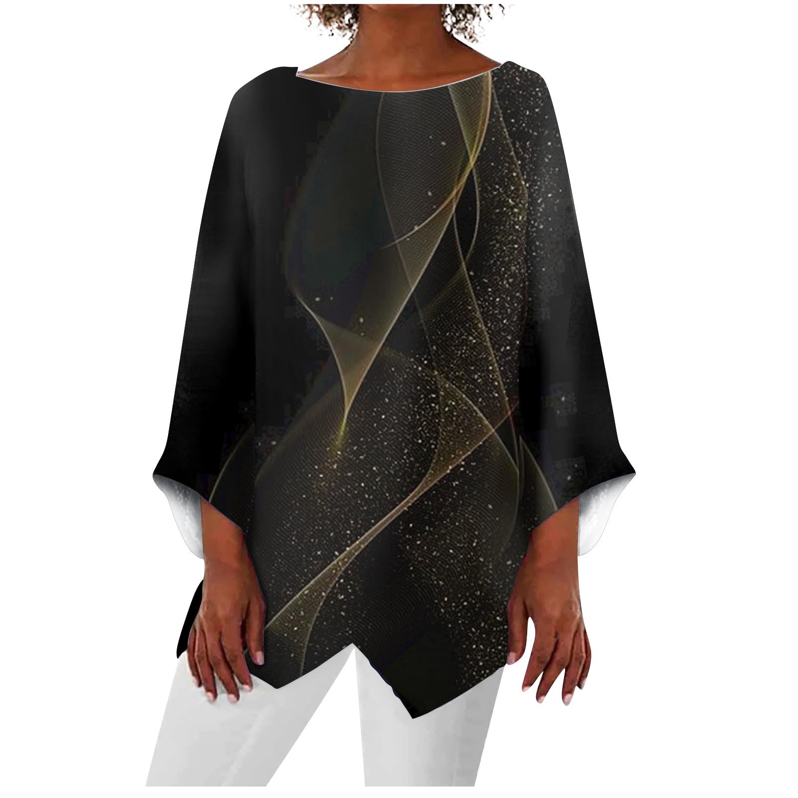 WEOPLKIN Camisetas de talla grande para mujer, blusas asimétricas de vacaciones para mujer, blusas de túnica holgadas y elegantes, camisas de manga larga con cuello redondo