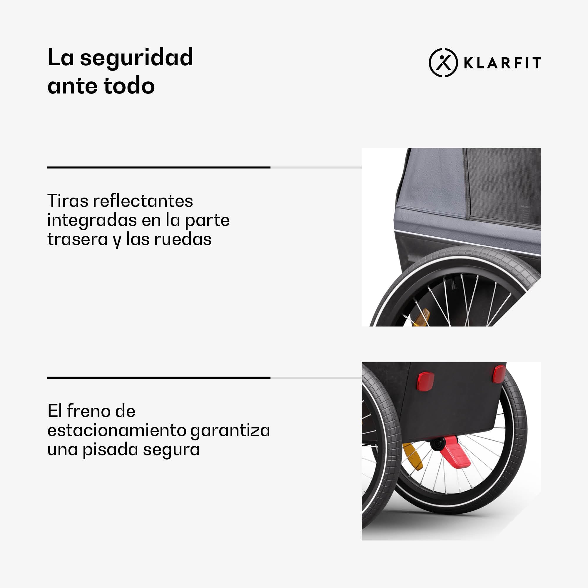 Klarfit GoKiddo Remolque Bicicleta - 2-en-1 Carro para Bicicleta & Buggy con Frenos, Cinturones de Seguridad, Asientos Ajustables, Capacidad 40kg, Protección Lluvia & UV, Plegable, Gris Oscuro