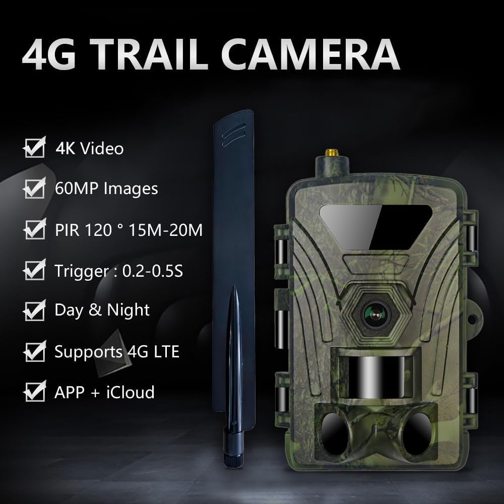 4G LTE Wildkamera mit SIM Karte, 4K/60MP Video, Handyübertragung APP, Live Übertragung, Bewegungssensor, Nachtsicht, 0,1s Auslösezeit - Wildtierkamera für die Jagd, Überwachungskamera für die Natur