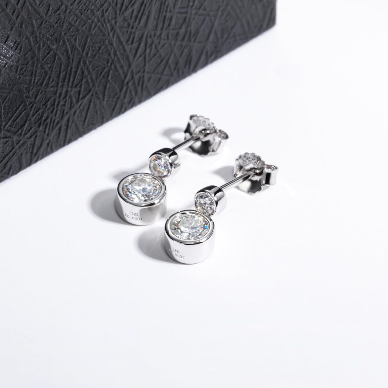 Moissanite Dangle Earrings, Bezel Setting 18K White Gold Plated 925 Sterling Silver 1.2 CTTW Round Cut D Color VVS1 Lab Created Daimond Drop Earrings for Women Men