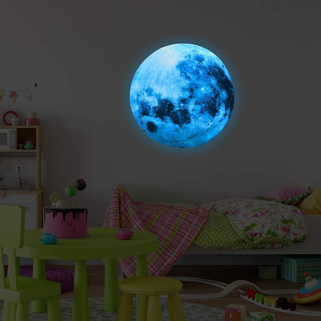 Alnicov Glow in The Dark Moon Wall Stickers 11.8in Luminous Moon Ceiling Art Stickers for Bedroom Living Room Birthday Decor Blue - Image 5