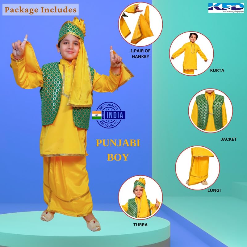 Image of Kaku Fancy Dresses Punjabi Boy Ethnic Costume for Kids - Yellow & Green Kurta Salwar & Turban Set | Indian State Fancy Dress for Boys (14-17 Years)
