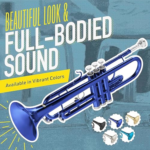 Image of Mendini By Cecilio Bb Standard Trumpet Set for Beginners - Brass Trumpet Instrument with Hard Case, 7C Mouthpiece, Valve Oil, Cleaning Cloth, Gloves (Blue)