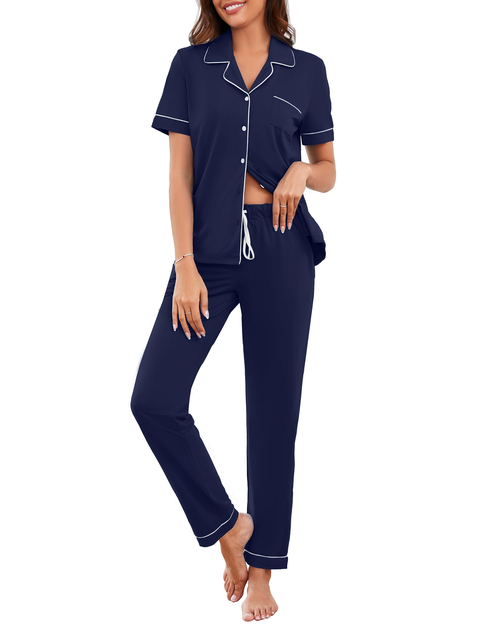 KCLROEO Womens Pajama Sets Button Down Pjs Sleepwear Short Sleeve Top & Pants Lounge Sets 2 Piece Soft Nightwear