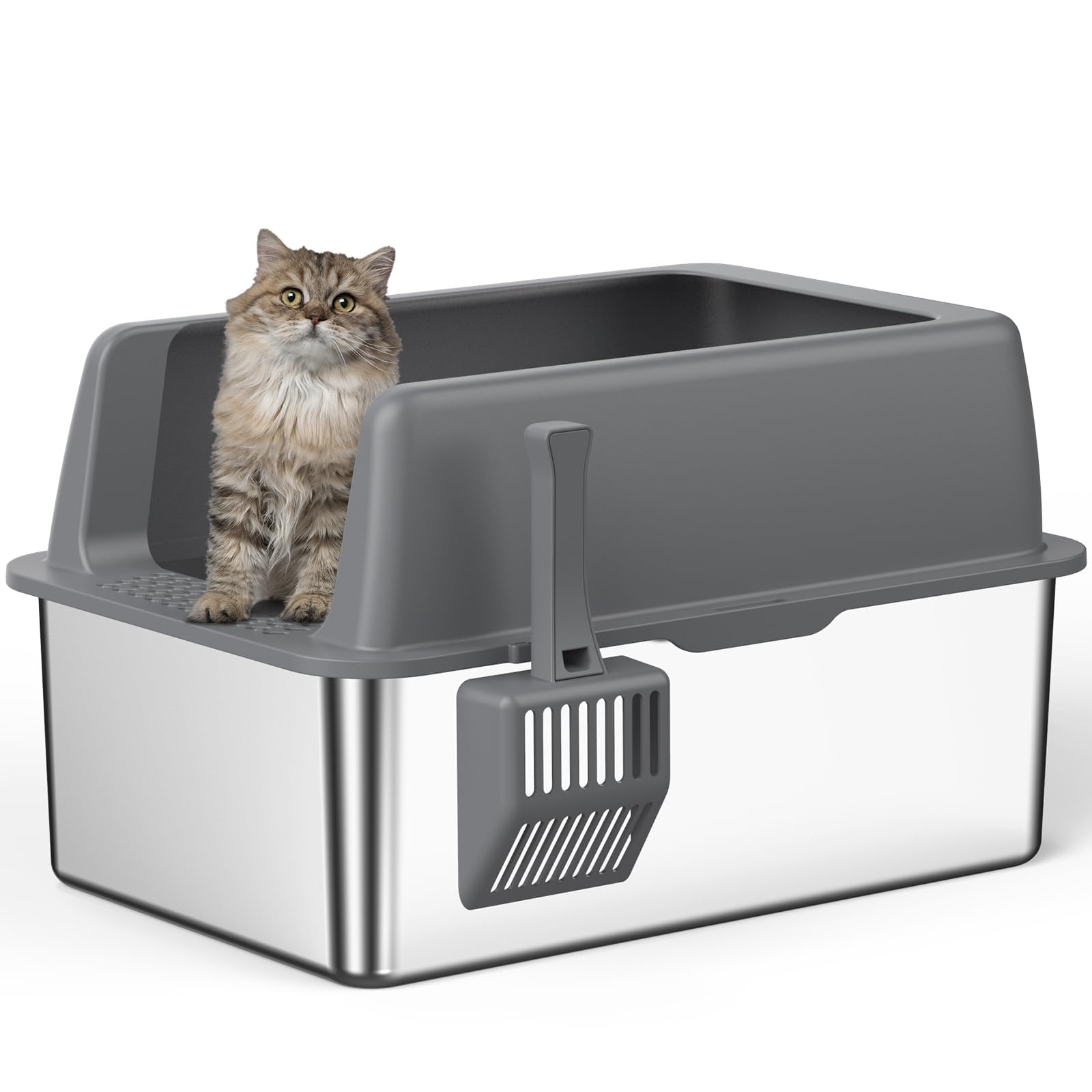 Zarler Katzenklo Edelstahl mit Deckel, 58 L x 37 W x 32,5 H cm Katzenklo, Katzentoilette Edelstahl aus für große Katzen mit hohem Rand, Metal cat Litter Box, Grau, Nicht klebrig