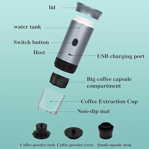 Miniatura 7 de Máquina eléctrica portátil de café expreso, cafetera de viaje con USB-C, soporta café molido y cápsulas, cafetera de auto calentamiento, mini