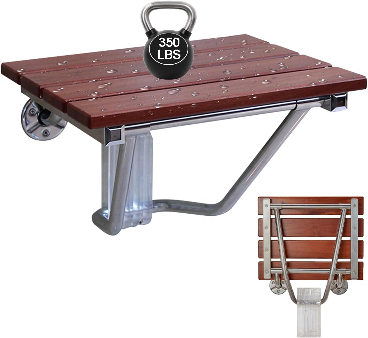 Folding Shower Seat Wall Mounted 15" with Stainless Steel Bracket, Structural Stability, 353 lb Capacity, Space-Saving, Teak Shower Bench for The Elderly, Disabled, Pregnant Individuals, Children