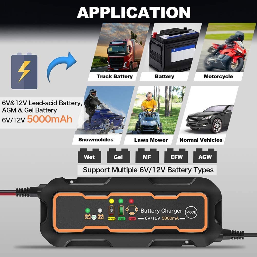 YONII Caricabatteria Intelligente 6V/12V 3A/5A – Manutentore Automatico Per Auto, Moto, Barca, Batterie Piombo-Acido