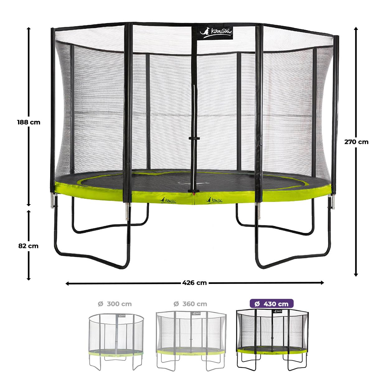 KANGUI Trampoline de Jardin PUNCHI avec Filet de Sécurité, Échelle, Bâche de Protection et Kit d’Ancrage – Vert – Ø300, Ø360 et Ø430 cm