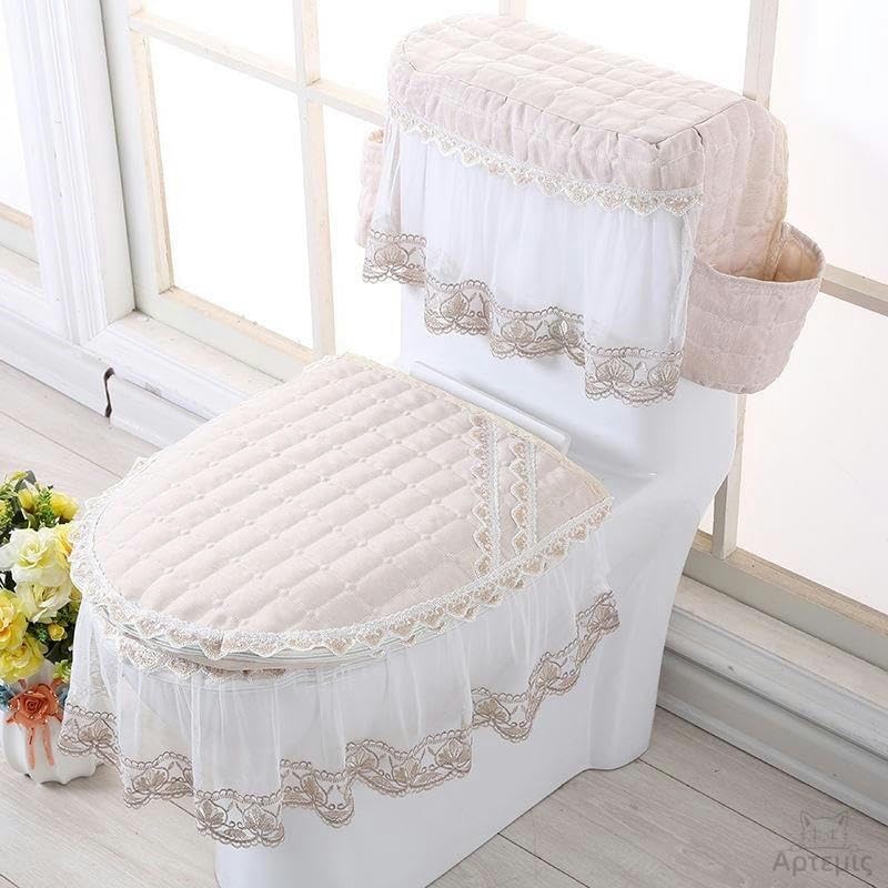 Toilet lid cover 3pcs/Set Thicken Embroidery Flowers Toilet Lid Cover Set with Pocket & Tank Covers Seat Cushion Pads(Plain Beige+pocket)