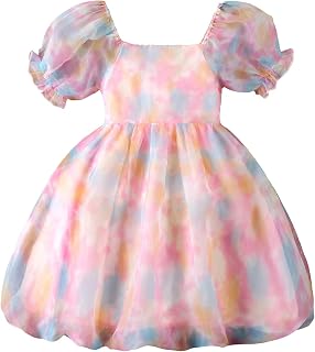 Girl's Tie Dye Ball Gown Square Neck Short Puff Sleeve Flared Hem High Waist Organza Dress