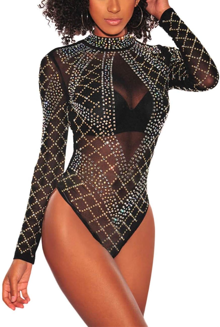 Women's Sheer Mesh Turtleneck Neck See Through Leotard Bodysuit Body Tops