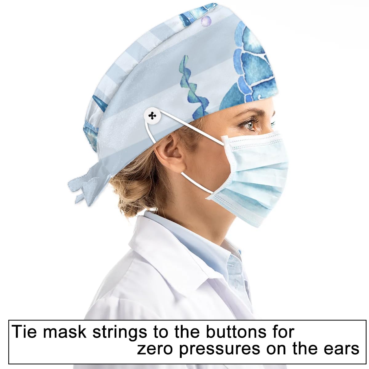 Mularoka Striped Watercolor Turtle Working Caps with Button Sweatband Comfortable Adjustable Bouffant Hats Work Hat for Women Men