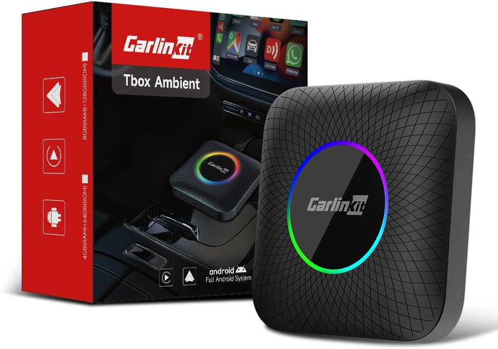 Carlinkit Tbox Ambient Android 13 Ai Box 8GB+128GB, 3-in-1 Wireless CarPlay Adapter with RGB Ambient Lighting & Snapdragon 6225, 4K Dual-Zone Car Entertainment System (Netflix/Shahid/Anghami)