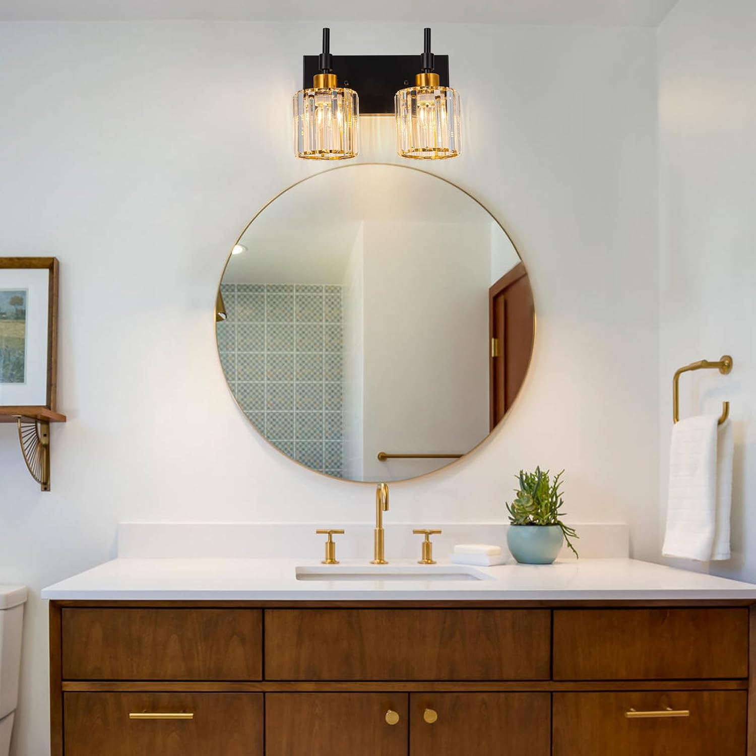 Black and Gold Bathroom Light Fixtures 2 Light Modern Crystal Vanity Light Fixtures,Vintage Black and Brass Bathroom Lights Over Mirror