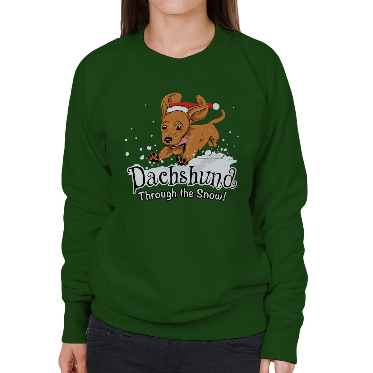 Cloud City 7 Women's Bottle Green Daschund Through The Snow Sweatshirt