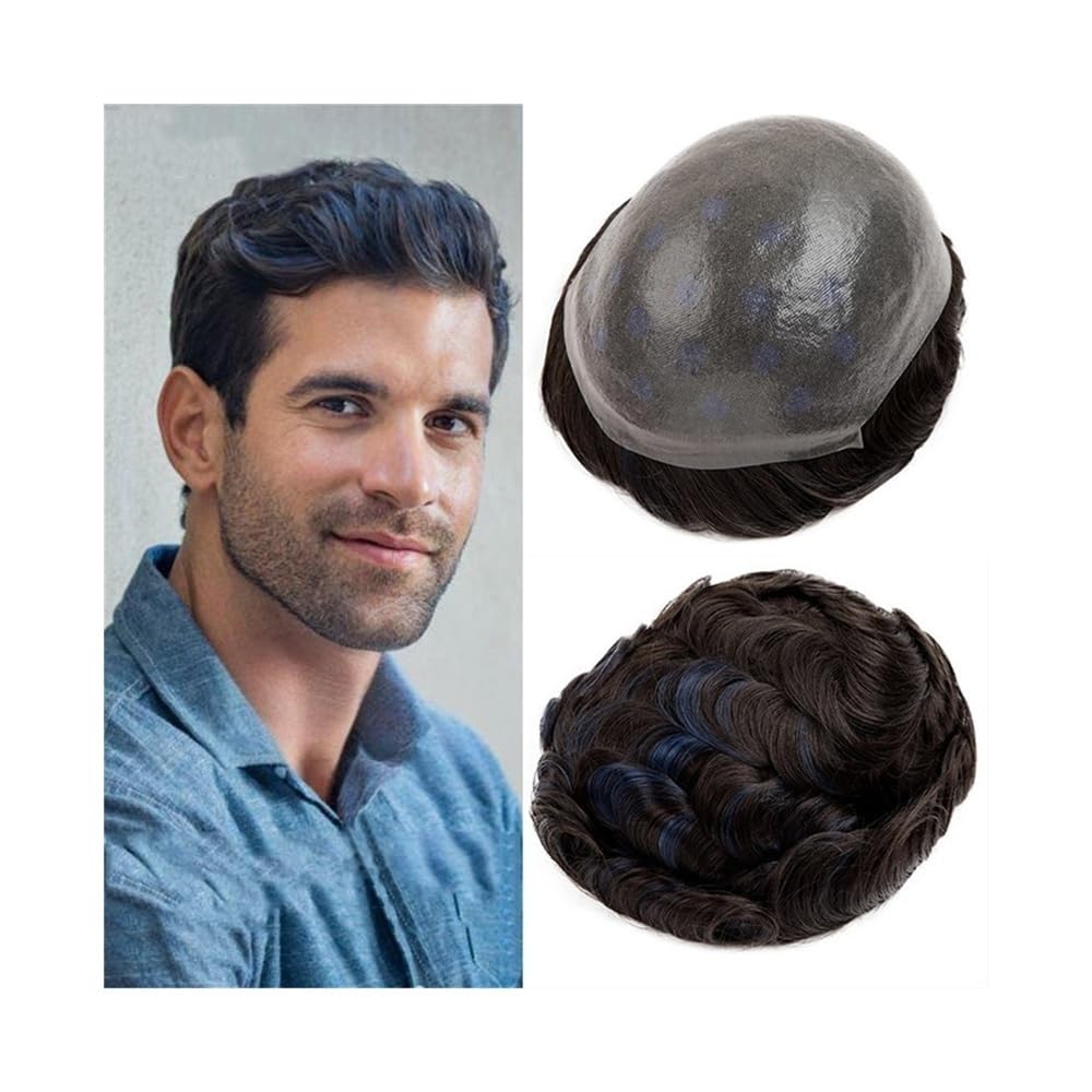 Tupet dla mężczyzn, niebieskie pasemka, prawdziwe włosy, 0,06 – 0,08 mm, podstawa z podwójnie wiązaną protezą męskich włosów (7 x 10)