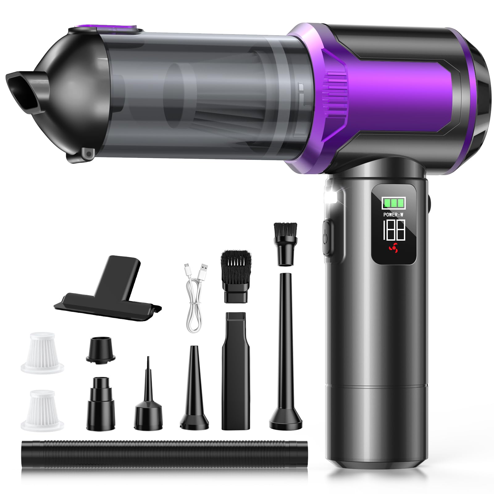 Aspirador de Mano, 17000Pa Aspirador Sin Cable, Descarga de Polvo con un Solo Toque, 3 Niveles Motor Sin Escobillas 4 en 1 Aspirador Coche con Pantalla HD/Iluminación LED/Carga Rápida, Negro & Morado