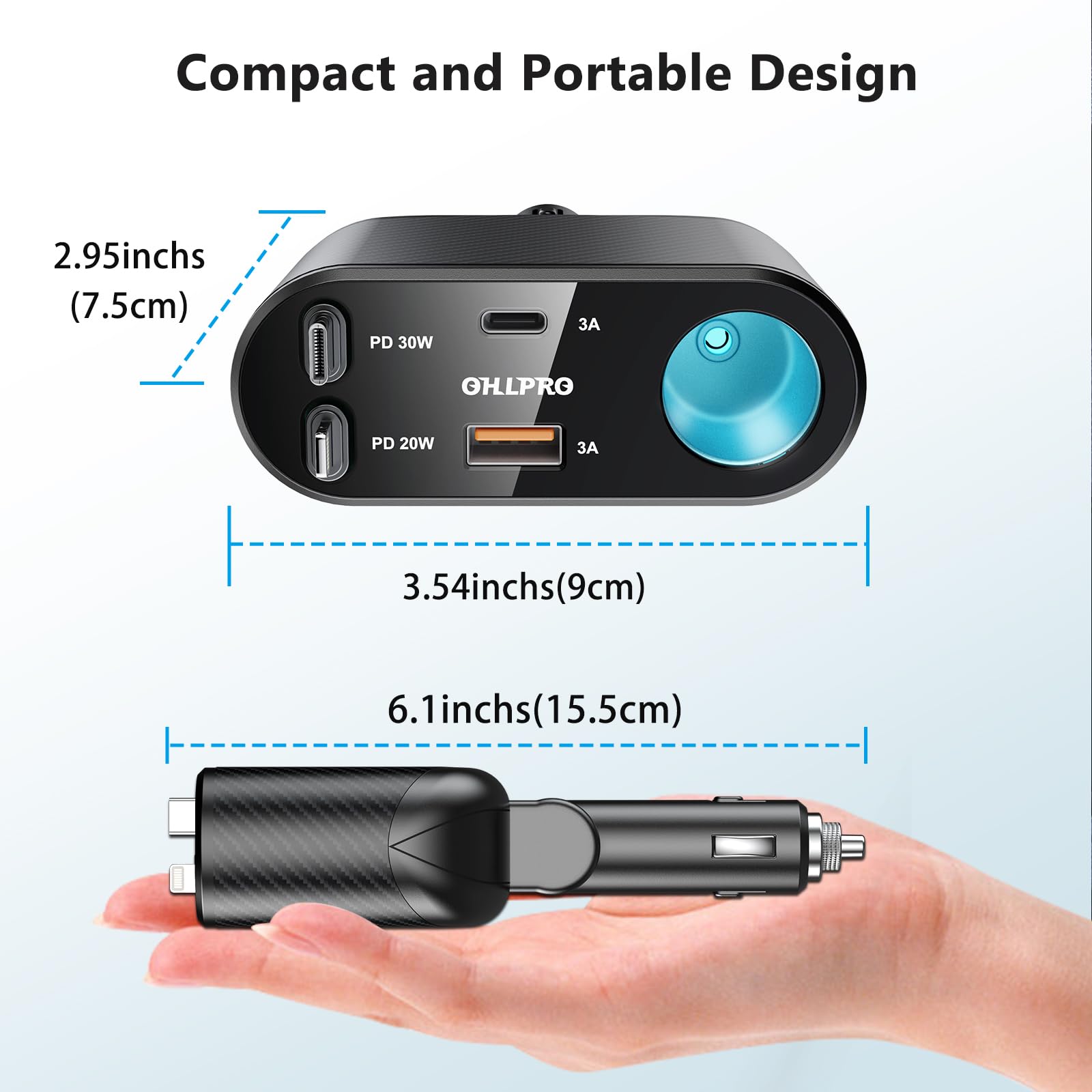 OHLPRO 5 en 1 Chargeur de Voiture Retractable, 168W Multi Prise Adaptateur Allume Cigare USB C, 5 Ports Dual Cable Rapide Charge PD3.0 Allume, Compatible avec iPhone,Samsung, Xiaomi, GPS, Tablette