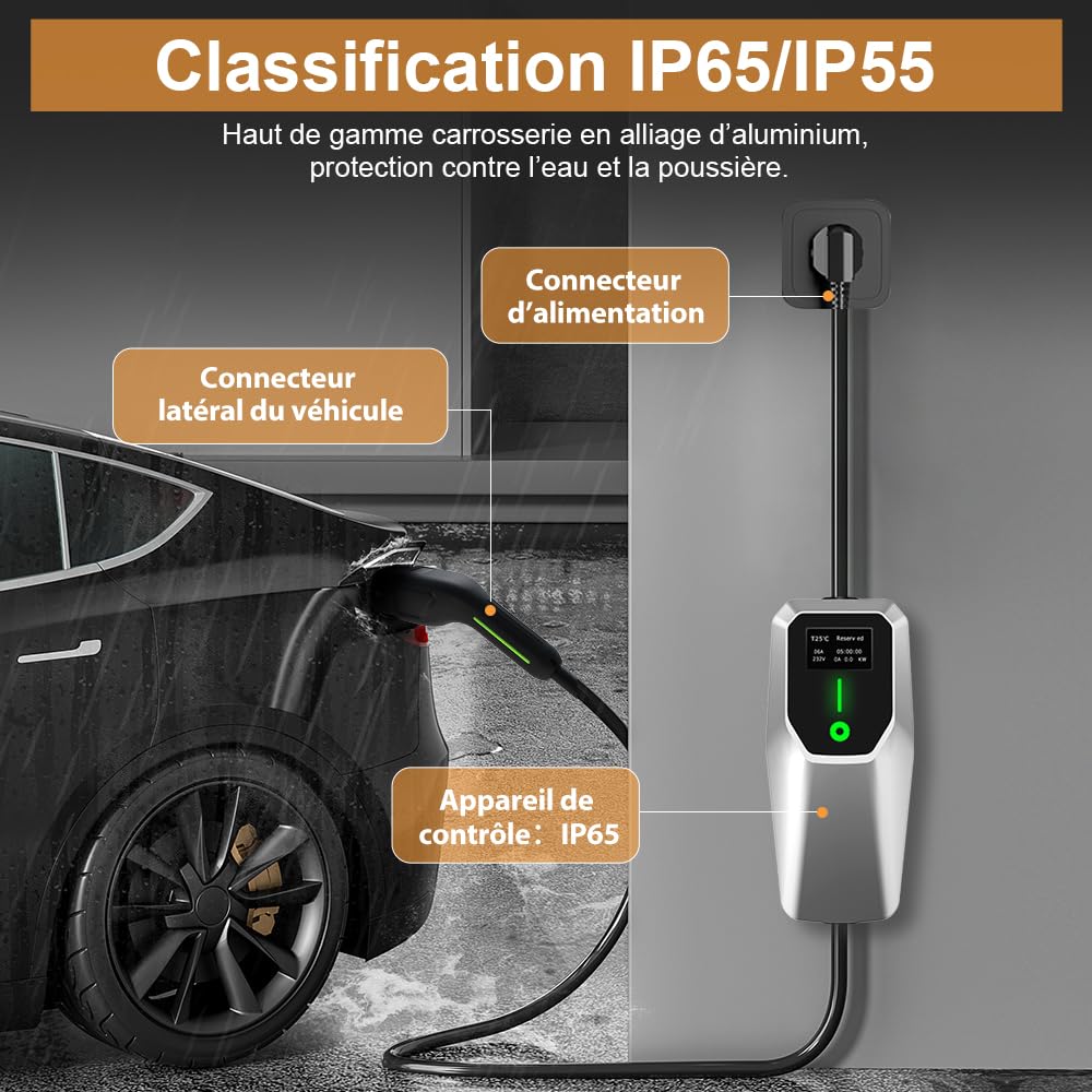 AWESAFE Chargeur Voiture Electrique, Type 2, Mono-phasé 16A, (3.68kW, 5m) Réglable à 6A/8A/10A/13A/16A,Courant Commutable, Boîtier de contrôle argenté, avec Prise Schuko pour Usage Domestique,