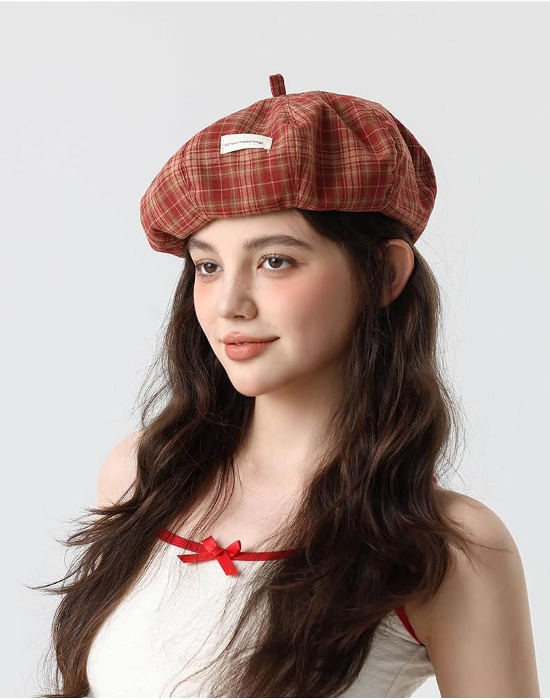 Vintage red Plaid Beret Literary Female Octagonal Painter hat