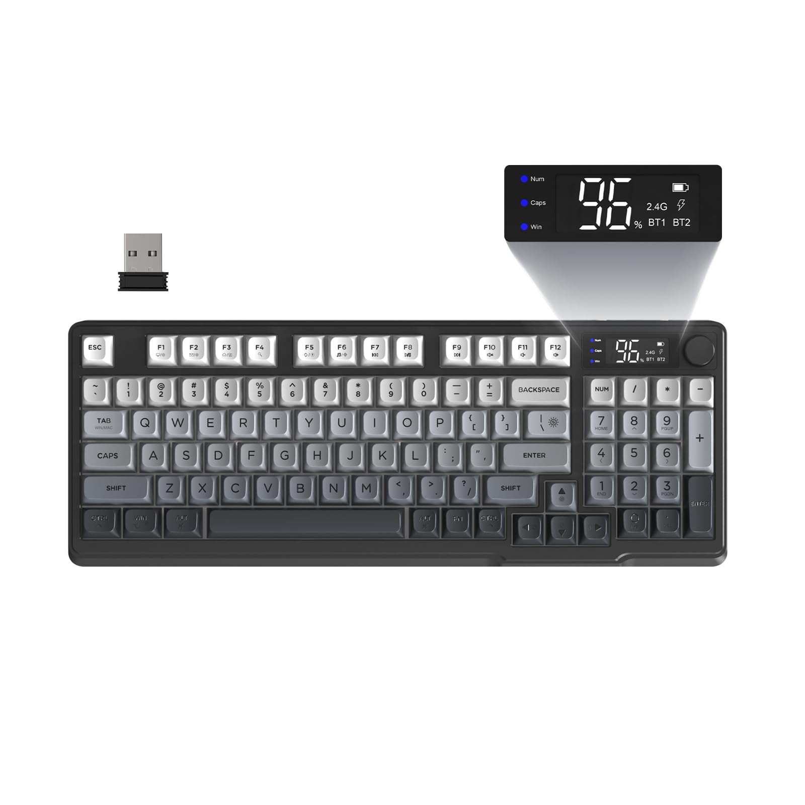 FREEWOLF M96 bezprzewodowa klawiatura membranowa do gier, sterowanie przyciskami Bluetooth/2,4 G bezprzewodowe, mechaniczne odczucia, podświetlenie LED, wyświetlacz, nasadka na klawisz PBT, 3000 mAh