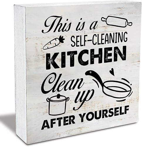 Cartel rústico con texto en inglés This is a Self-Cleaner para caja de madera de cocina con texto en inglés This is a Self-Cleaner (This is a