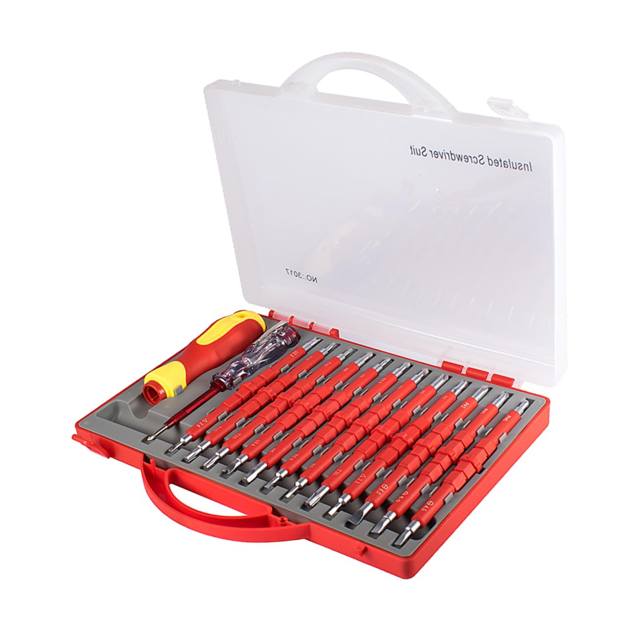 SHINEOFI Mini Destornillador Eléctrico Porta Tornillos y Estuche Portátil de Acero Rojo, Kit Aislado para Trabajo Profesional y Bricolaje en Casa